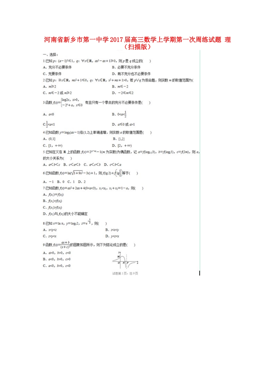 高三数学上学期第一次周练考试卷 理(扫描版)考试卷_第1页