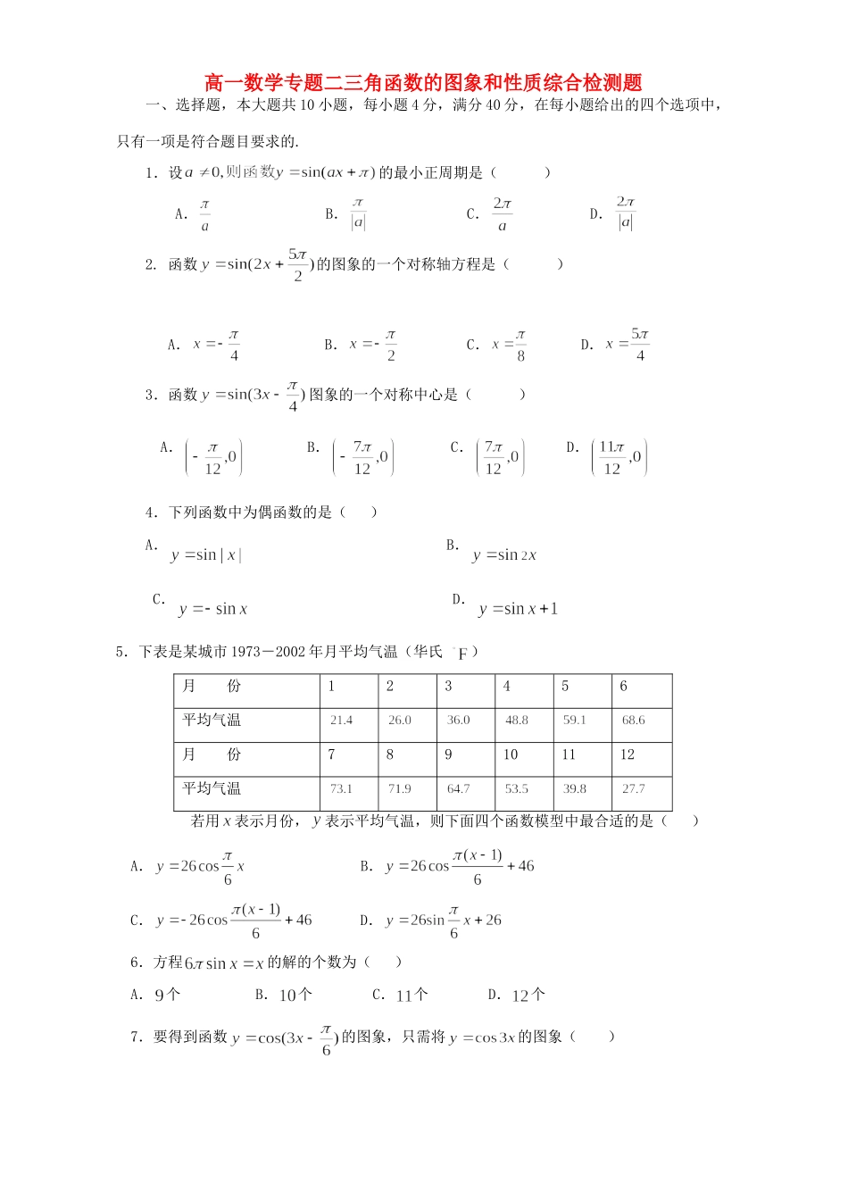高一数学专题二三角函数的图象和性质综合检测题 苏教版 必修4考试卷_第1页