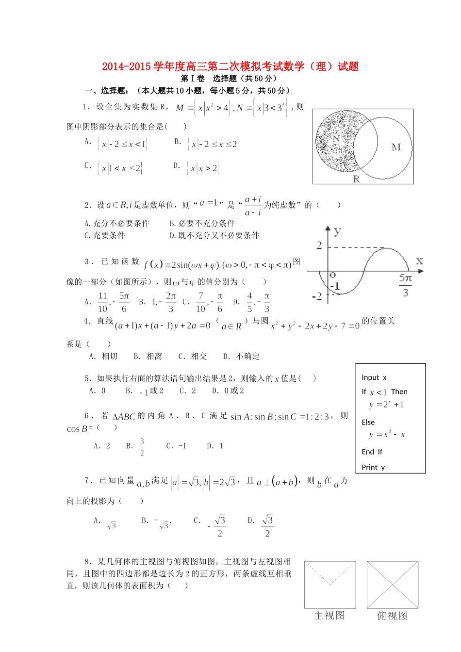 高三数学第二次模拟考试考试卷 理(无答案)新人教A版考试卷_第1页