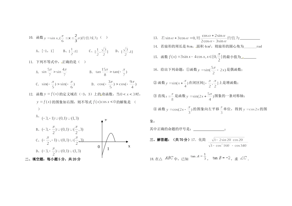 高三数学总复习 三角函数基础测考试卷(六)(无答案)考试卷_第2页