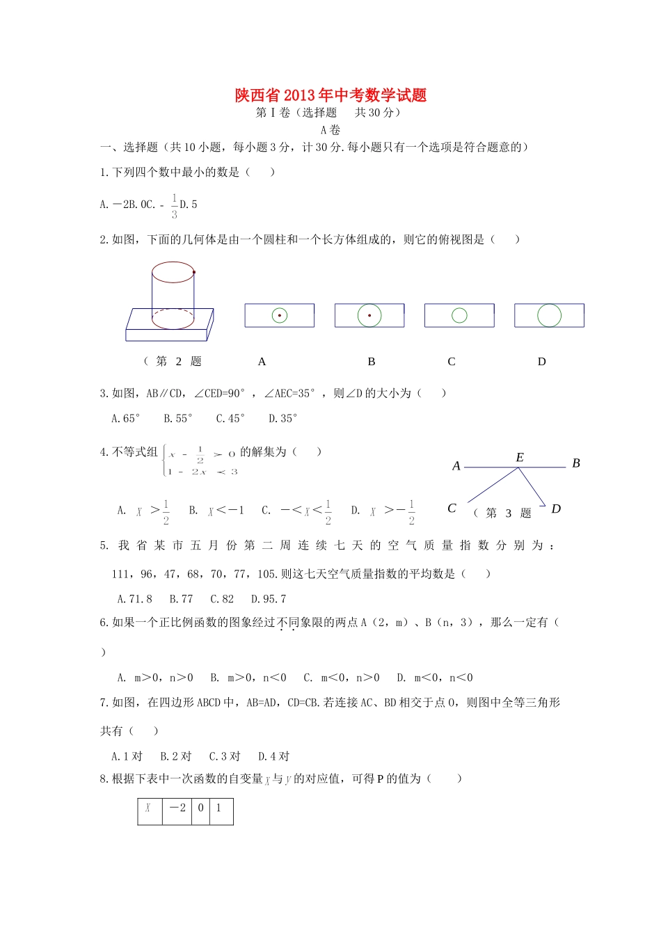 陕西省中考数学真题考试卷_第1页
