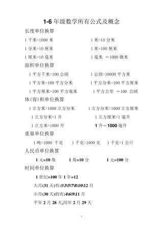 (16年级)小学数学常用单位换算和公式定义