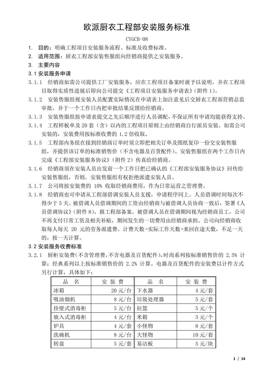 (CYGCB08)欧派厨衣工程部安装服务标准_第1页