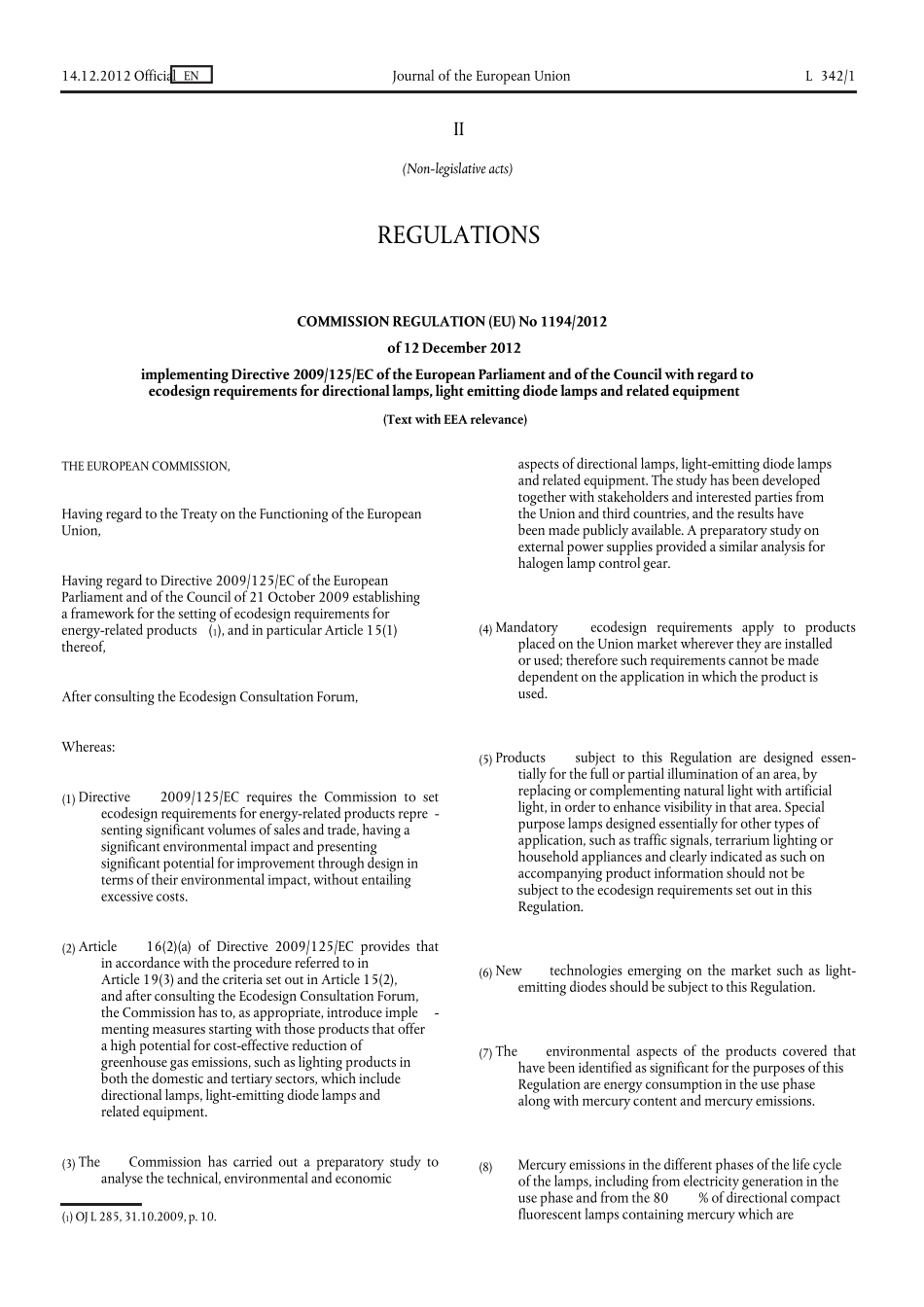 (EU)No11942012关于定向灯、发光二极管灯及相关设备的生态设计要求法规_第1页