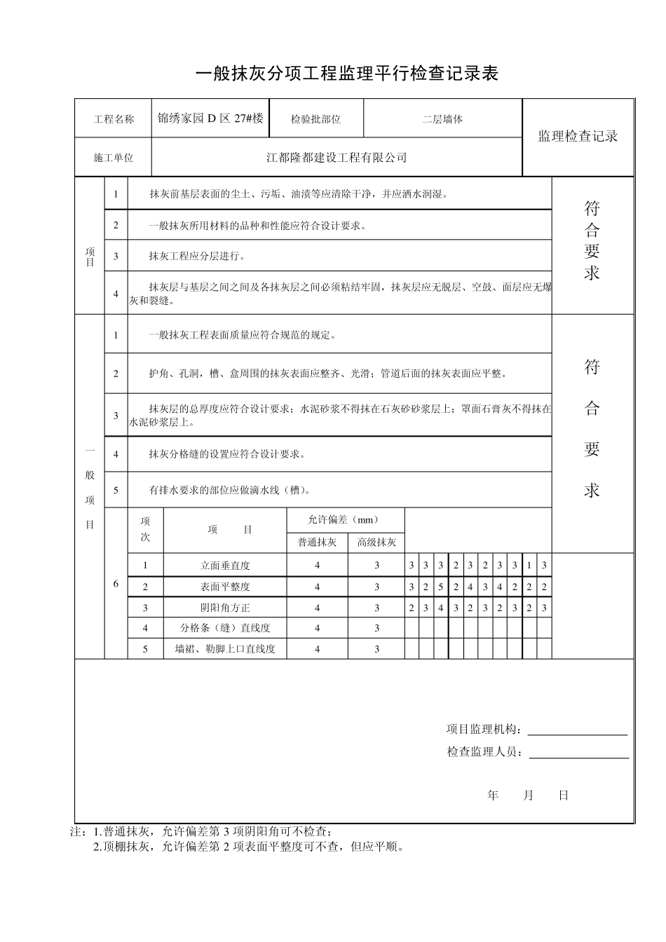 (内墙)一般抹灰分项工程检验批质量验收记录_第2页