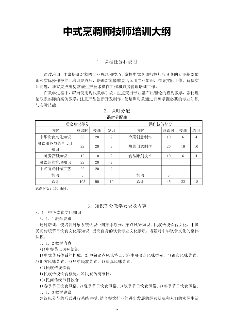 中式烹调师技师、高级技师培训计划、大纲_第2页