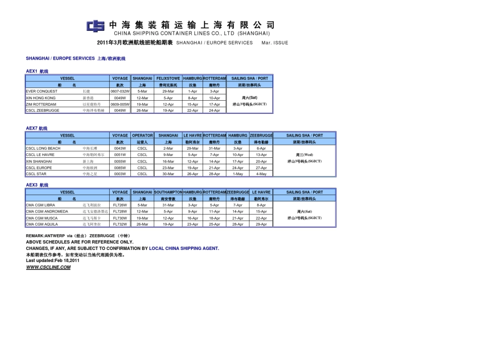 中海集运2011年3月份船期表_第1页