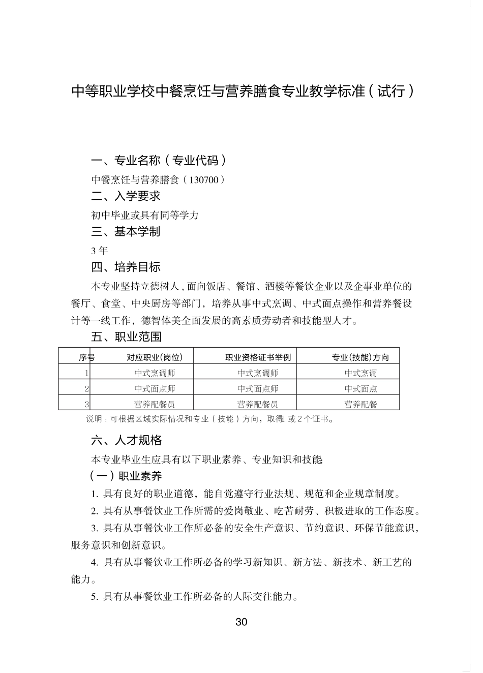 中等职业学校中餐烹饪与营养膳食专业教学标准试行_第1页