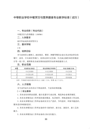 中等职业学校中餐烹饪与营养膳食专业教学标准试行