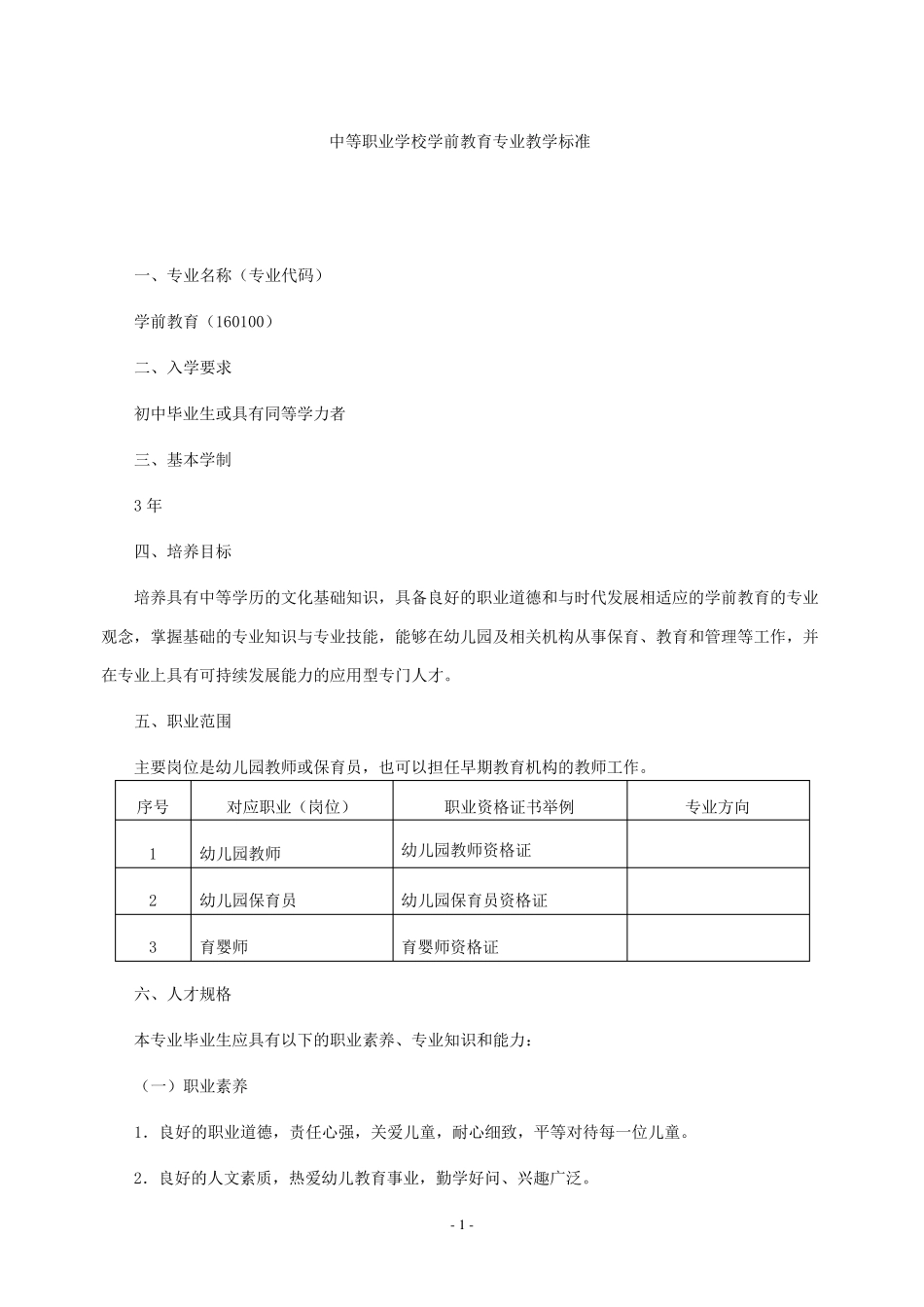 中等职业学校学前教育专业教学标准(5月1日修订版)_第1页