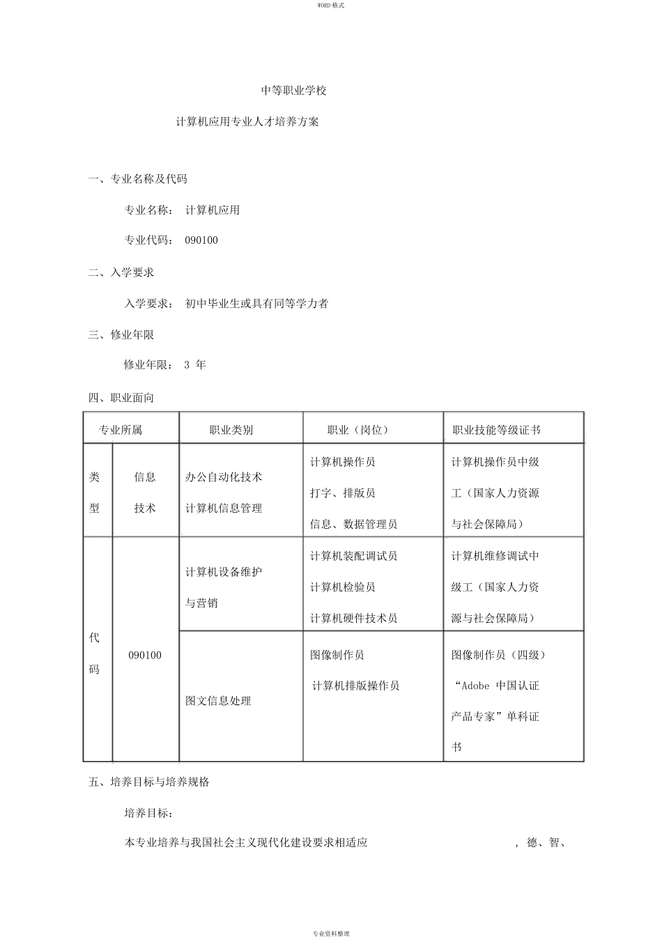 中等职业学校计算机应用专业人才培养方案_第1页