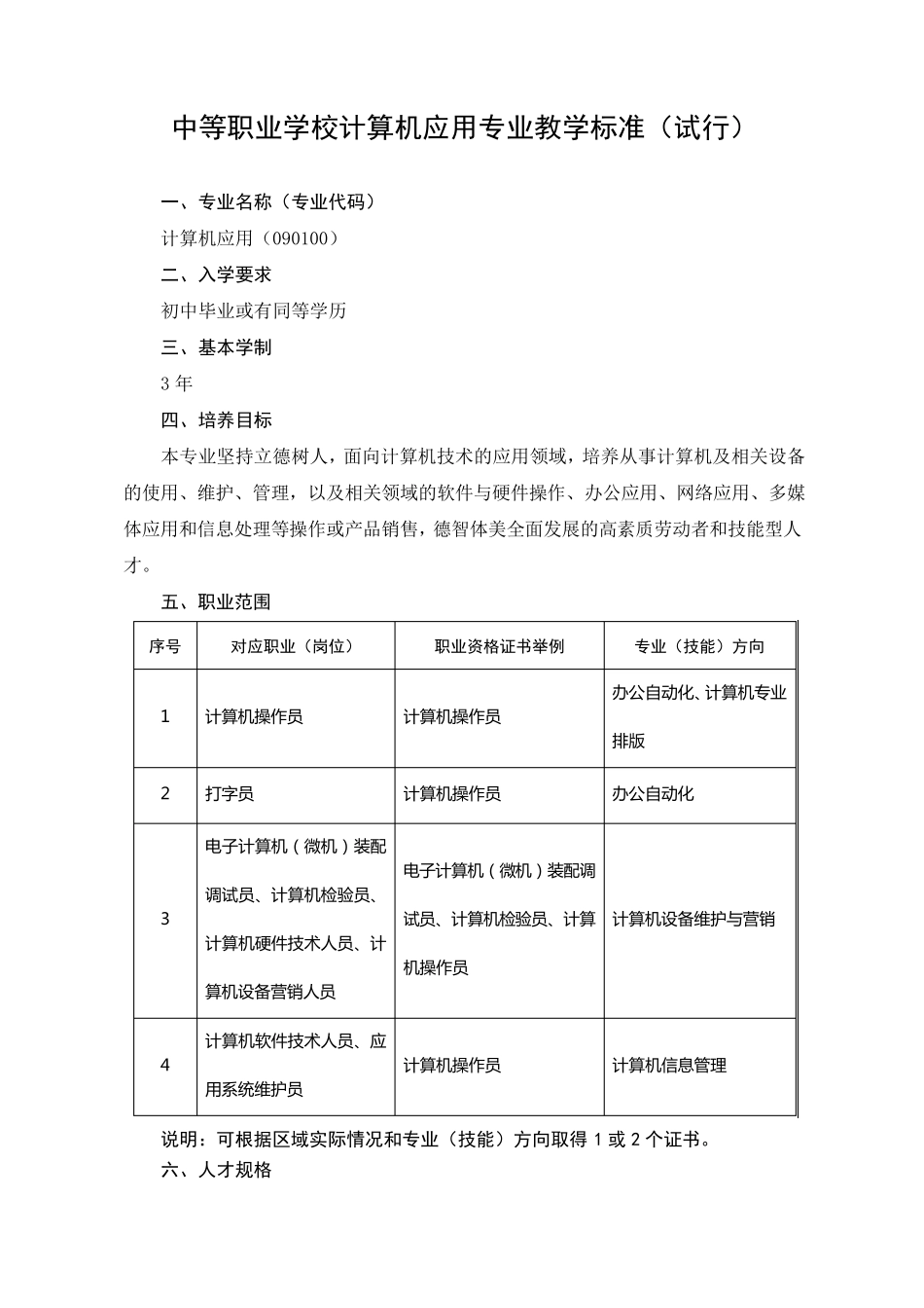 中等职业学校计算机应用专业教学标准_第1页