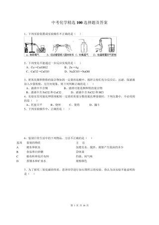 中考化学100选择题及答案