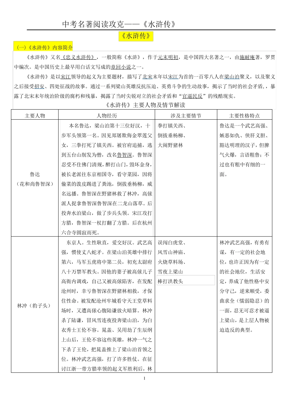 中考名著阅读《水浒传》梳理_第1页