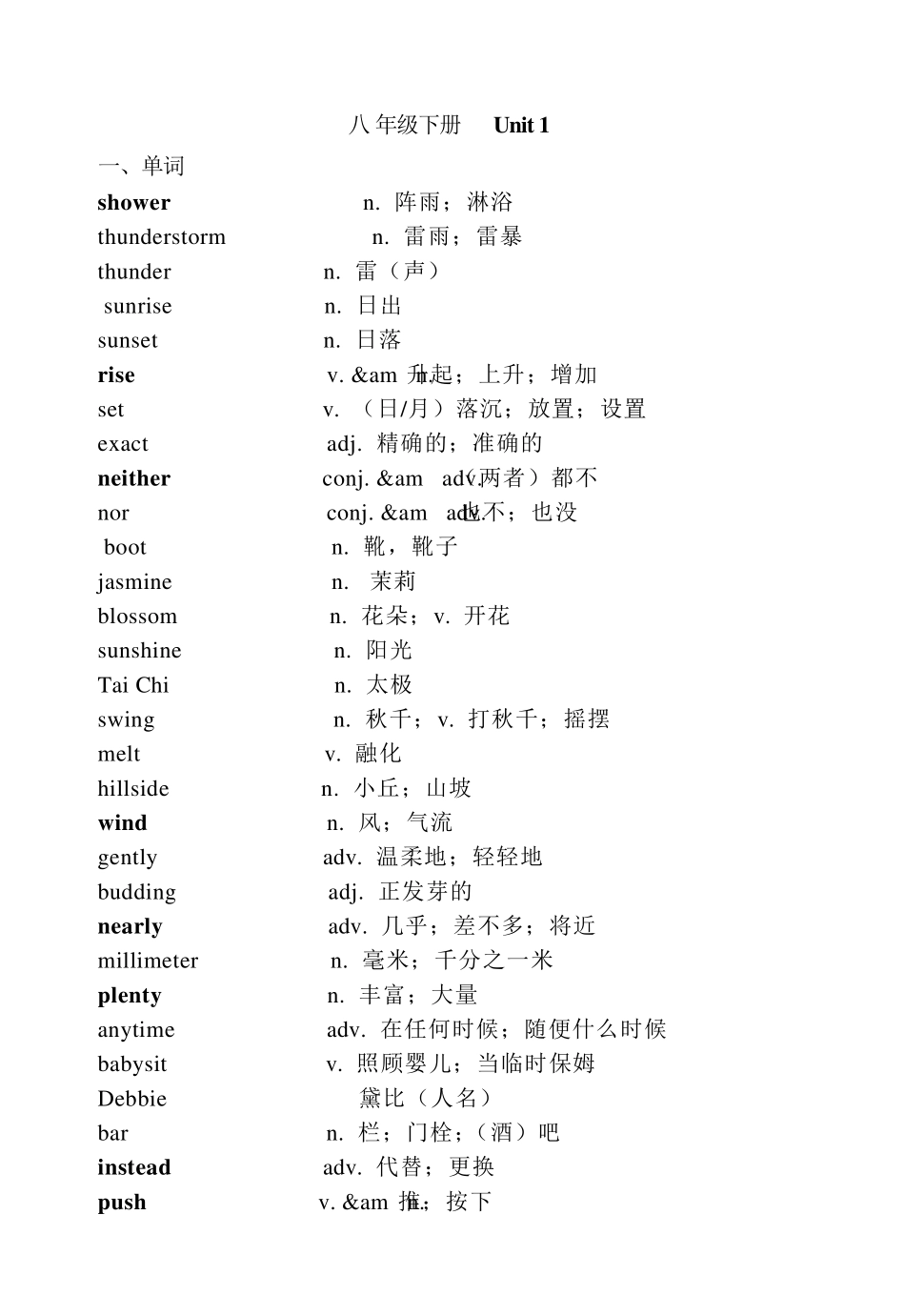 冀教版八年级下册各单元英语单词及短语汇总_第1页