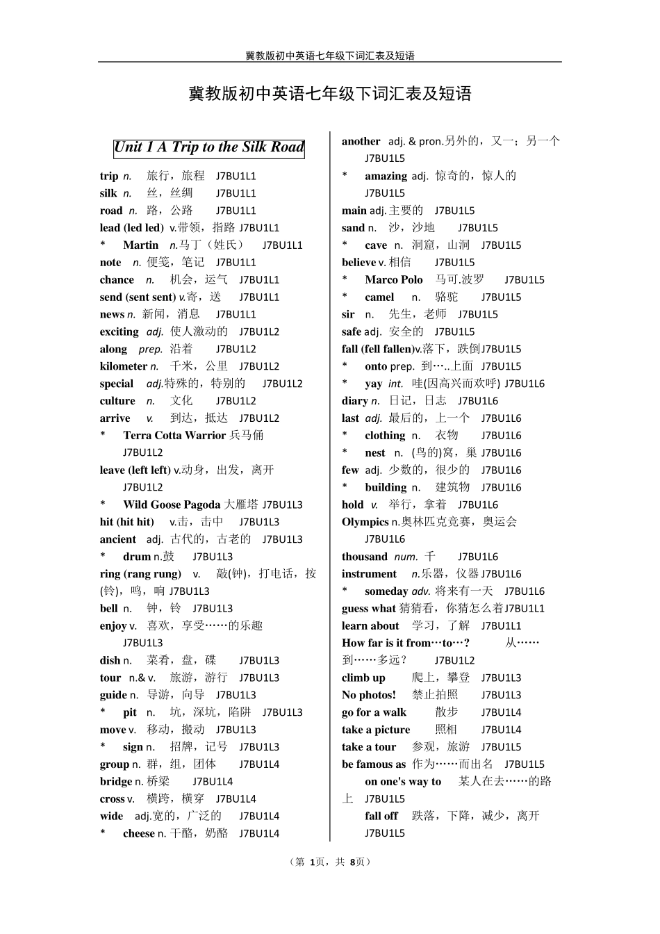 冀教版初中英语七年级下词汇表及短语(校订版)_第1页