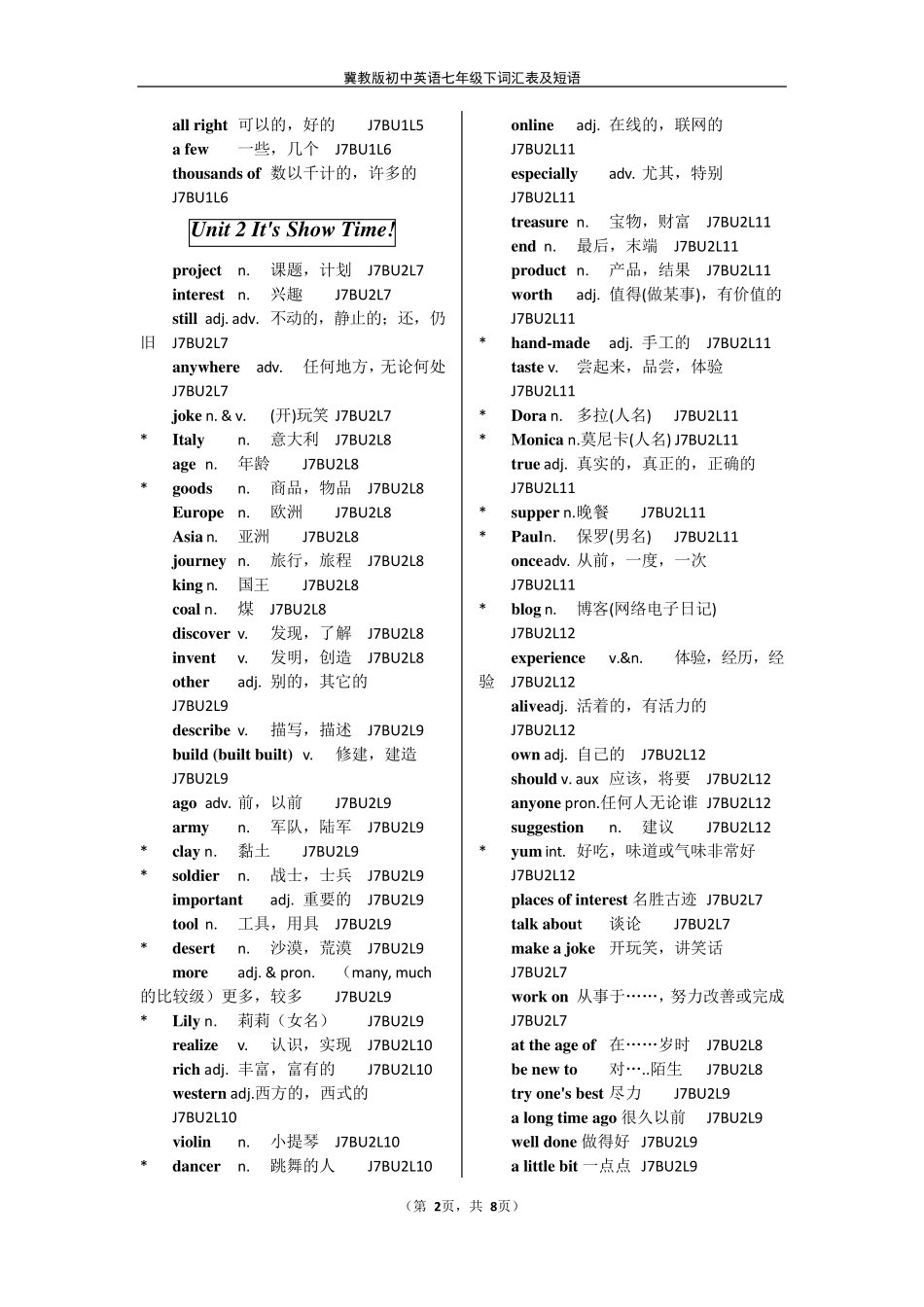 冀教版初中英语七年级下词汇表及短语(校订版)_第2页