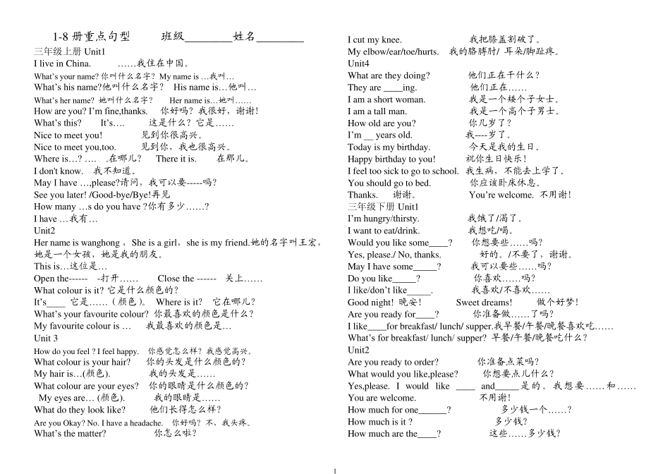 冀教版小学英语重点句型_第1页