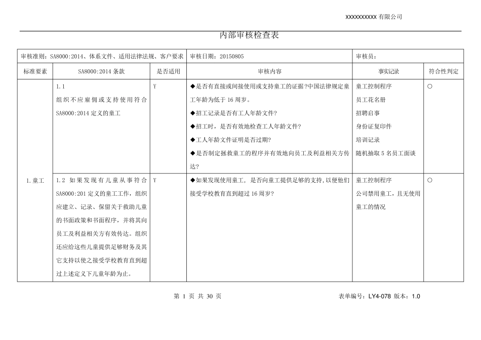 内审检查表SA8000：2014_第1页
