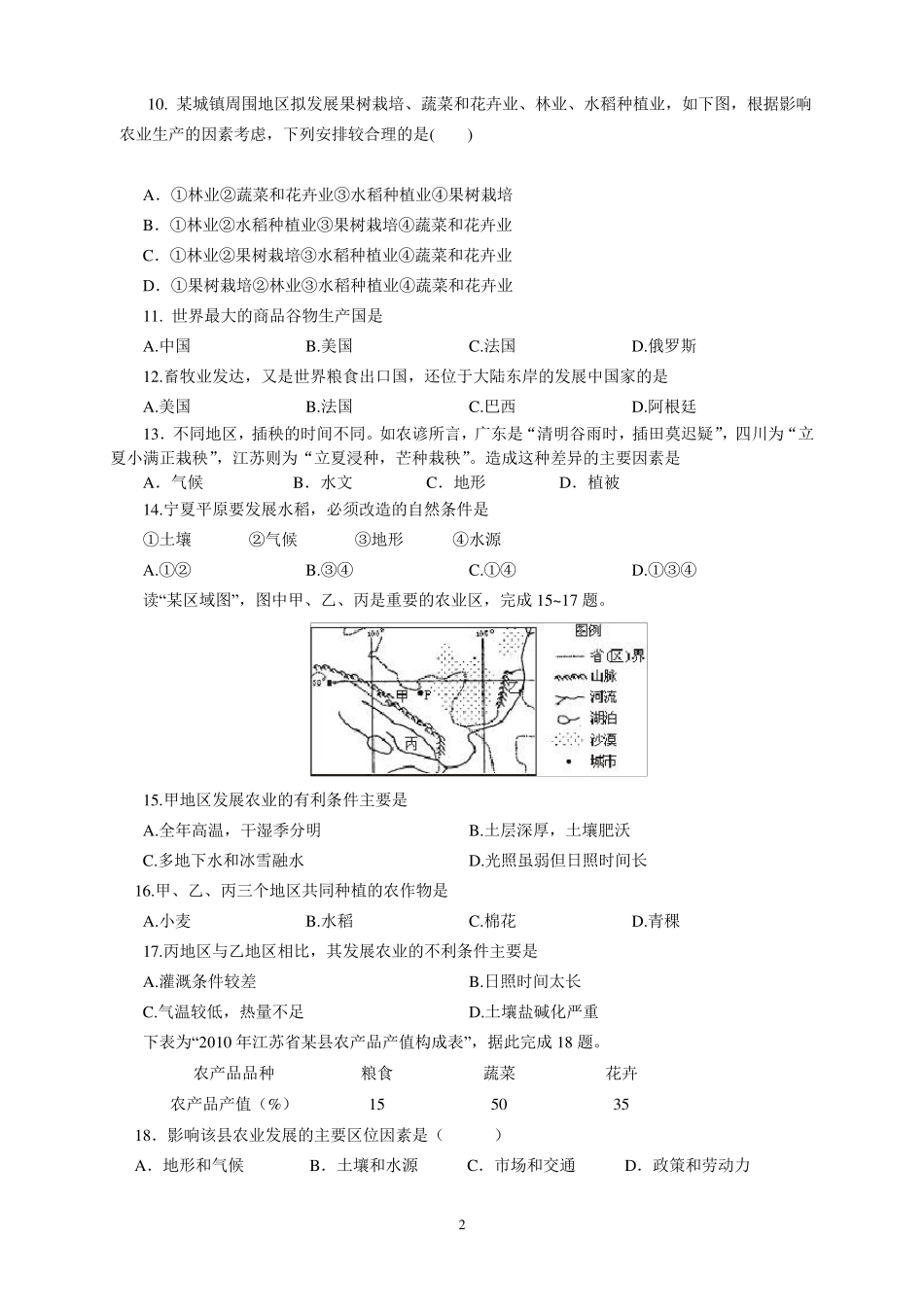 农业地域的形成和发展单元测试卷(答案版)_第2页
