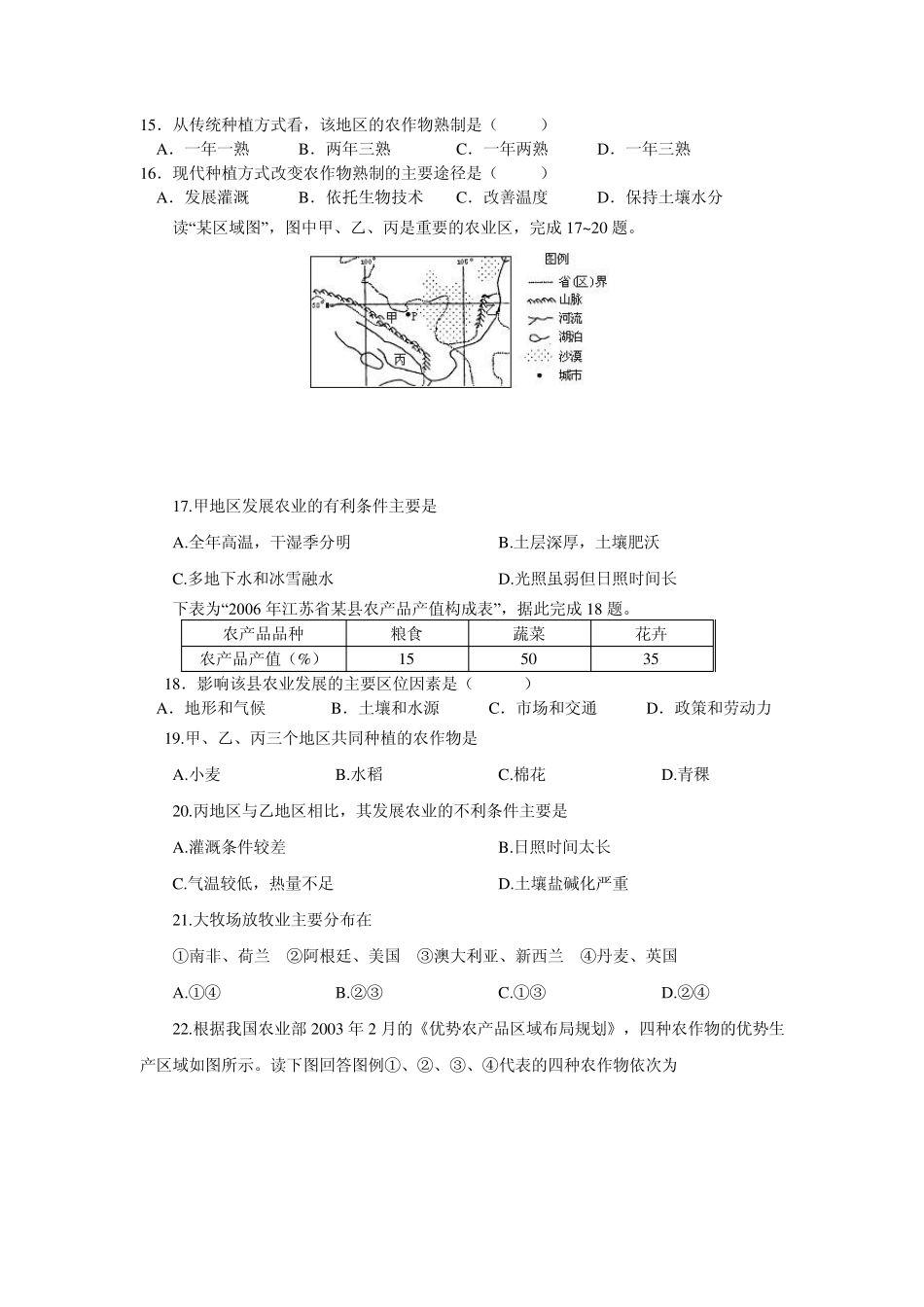 农业地域的形成和发展单元测试卷_第3页