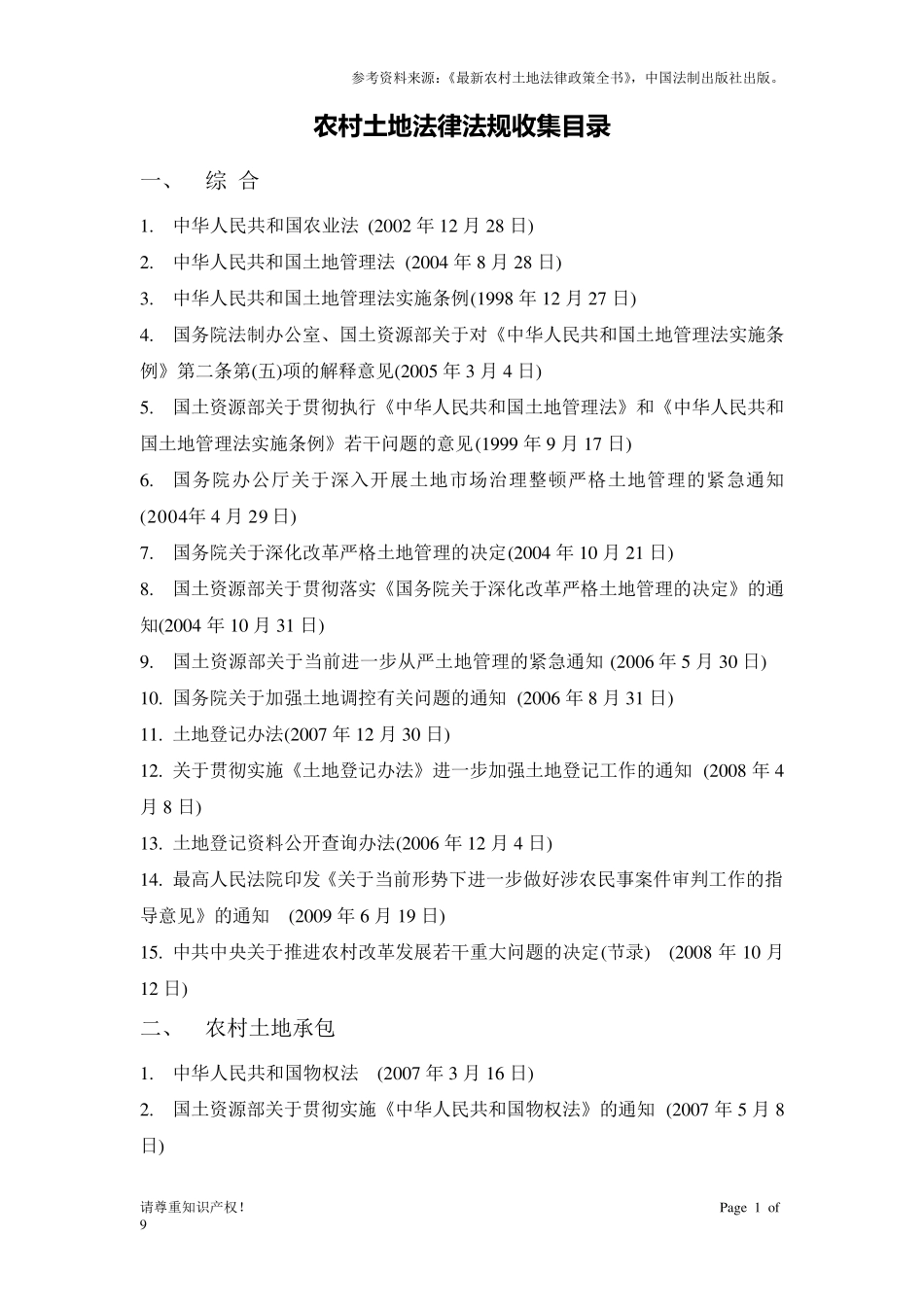 农村土地法律法规收集目录_第1页