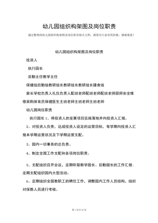 幼儿园组织构架图及岗位职责(Word最新版)