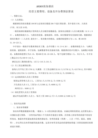 酒店用品投资总概算