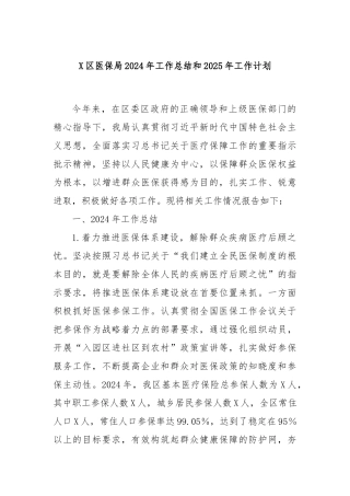 X区医保局2024年工作总结和2025年工作计划