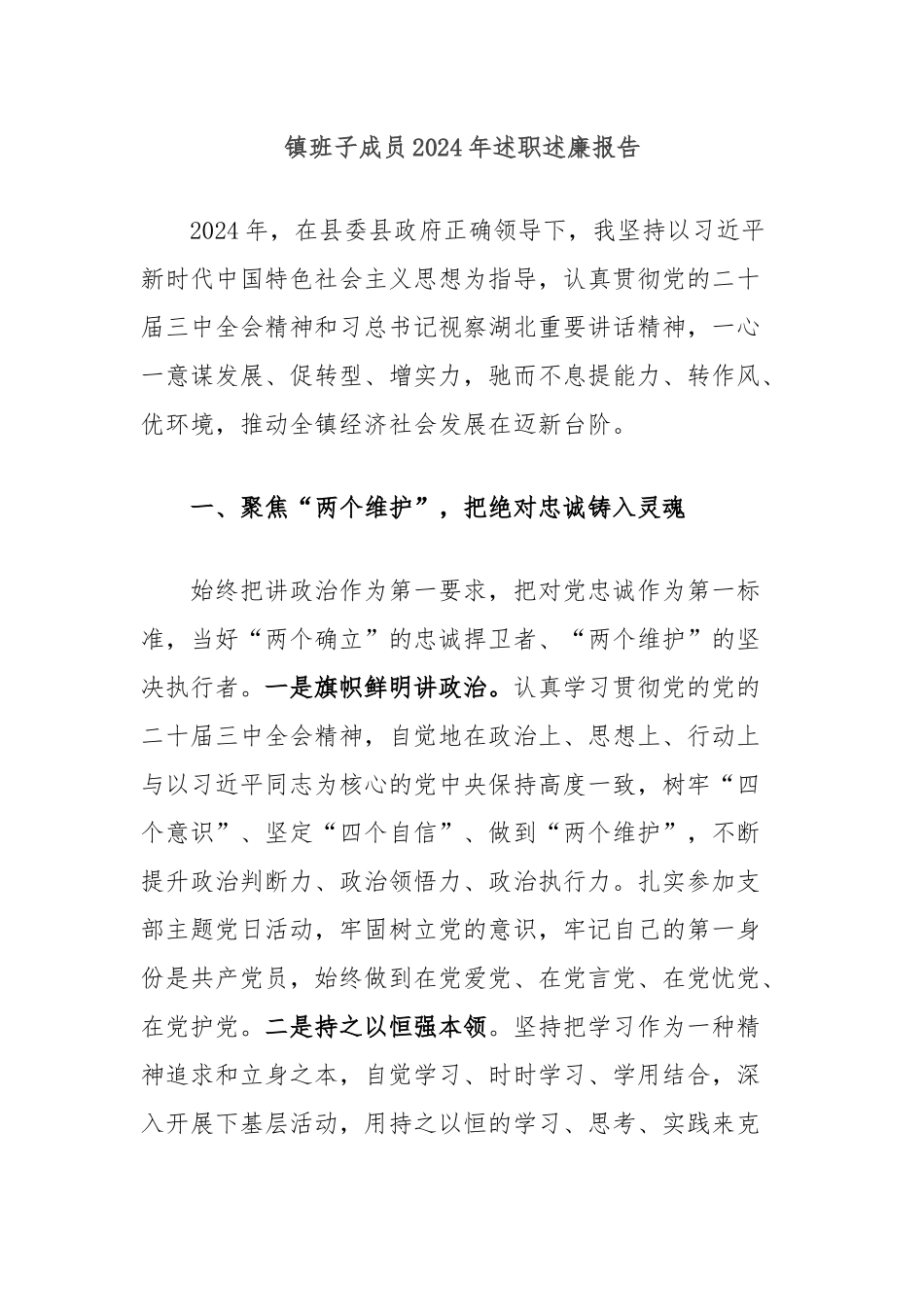 镇班子成员2024年述职述廉报告_第1页