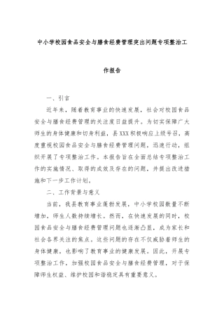 中小学校园食品安全与膳食经费管理突出问题专项整治工作报告