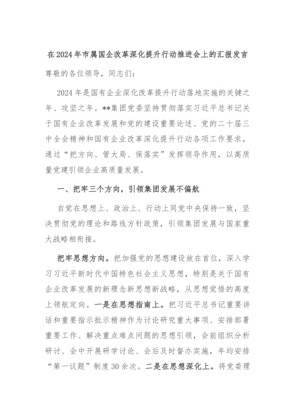 在2024年市属国企改革深化提升行动推进会上的汇报发言_第1页