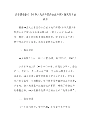 关于贯彻执行《中华人民共和国安全生产法》情况的自查报告