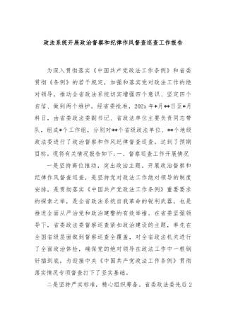 政法系统开展政治督察和纪律作风督查巡查工作报告