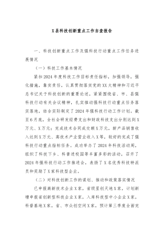 X县科技创新重点工作自查报告