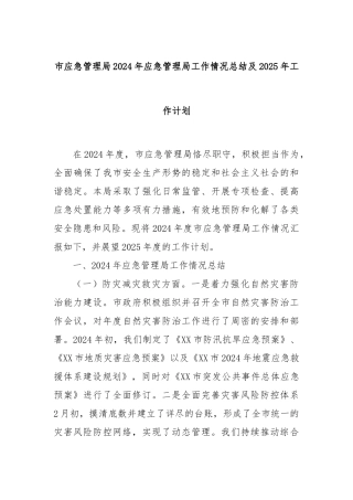市应急管理局2024年应急管理局工作情况总结及2025年工作计划