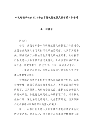 市政府秘书长在2024年全市行政规范性文件管理工作推进会上的讲话