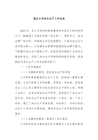 国企公司安全生产工作总结