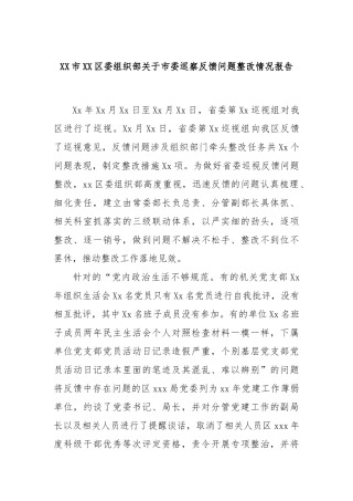 XX市XX区委组织部关于市委巡察反馈问题整改情况报告