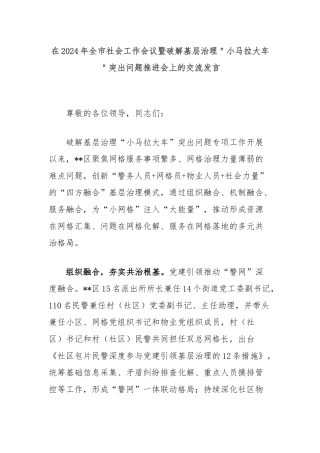 在2024年全市社会工作会议暨破解基层治理＂小马拉大车＂突出问题推进会上的交流发言