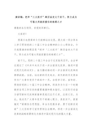 演讲稿：把牢“三大抓手”踔厉奋发大干实干，努力成为可堪大用能担重任的栋梁之才