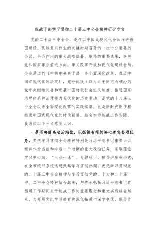 统战干部学习贯彻二十届三中全会精神研讨发言