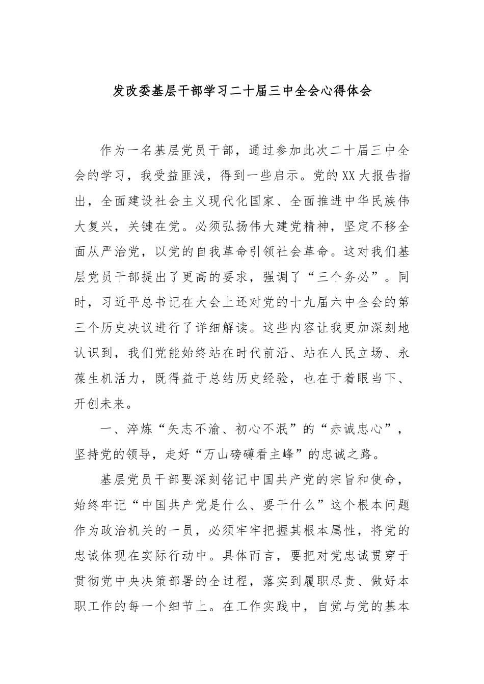 发改委基层干部学习二十届三中全会心得体会_第1页