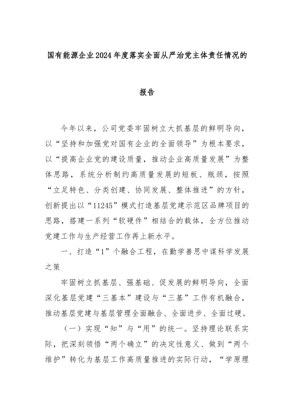 国有能源企业2024年度落实全面从严治党主体责任情况的报告_第1页