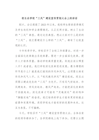 校长在学校“三风”建设宣传贯彻大会上的讲话