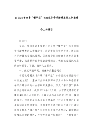在2024年全市“僵尸型”社会组织专项清理整治工作推进会上的讲话