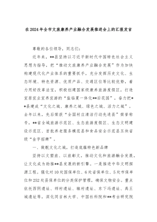 在2024年全市文旅康养产业融合发展推进会上的汇报发言