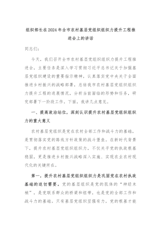 组织部长在2024年全市农村基层党组织组织力提升工程推进会上的讲话