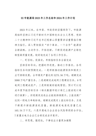 XX市能源局2023年工作总结和2024年工作计划