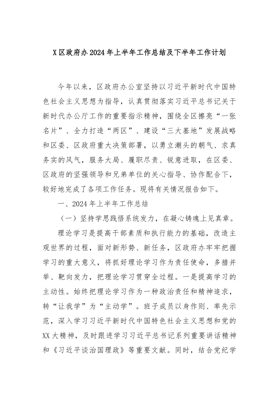 X区政府办2024年上半年工作总结及下半年工作计划_第1页